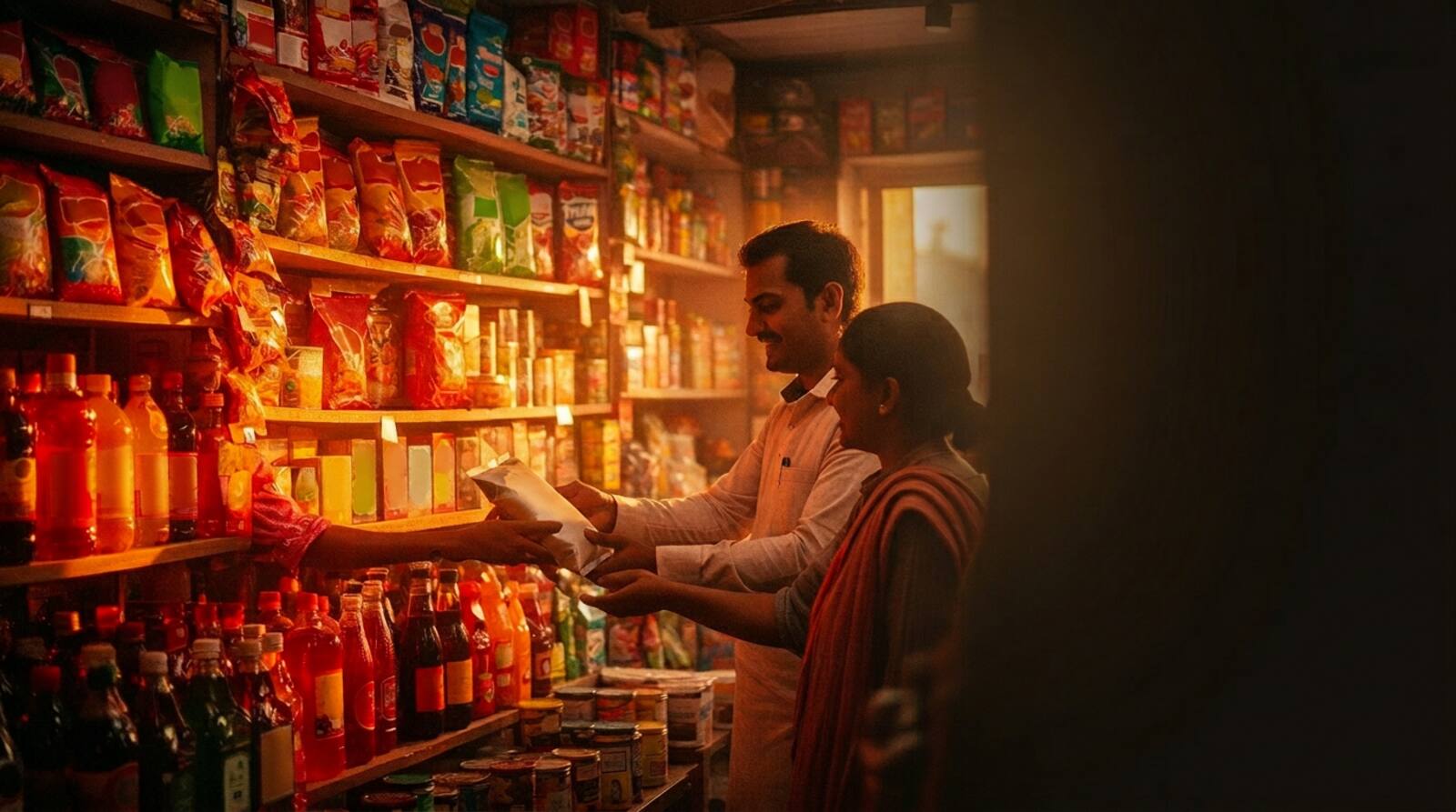 Indian kirana shopkeeper handing a packaged FMCG product to a customer in a colorful neighborhood retail store